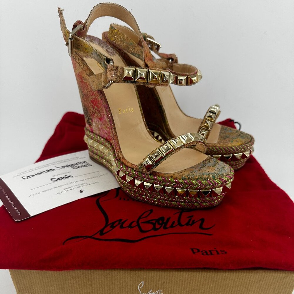 Louboutin Cork Bloom Cataclou Studded Wedges - Size 39
